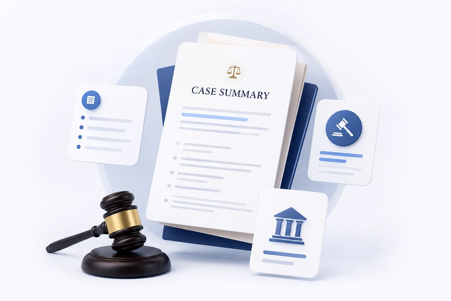 Case Summary document with gavel and legal icons